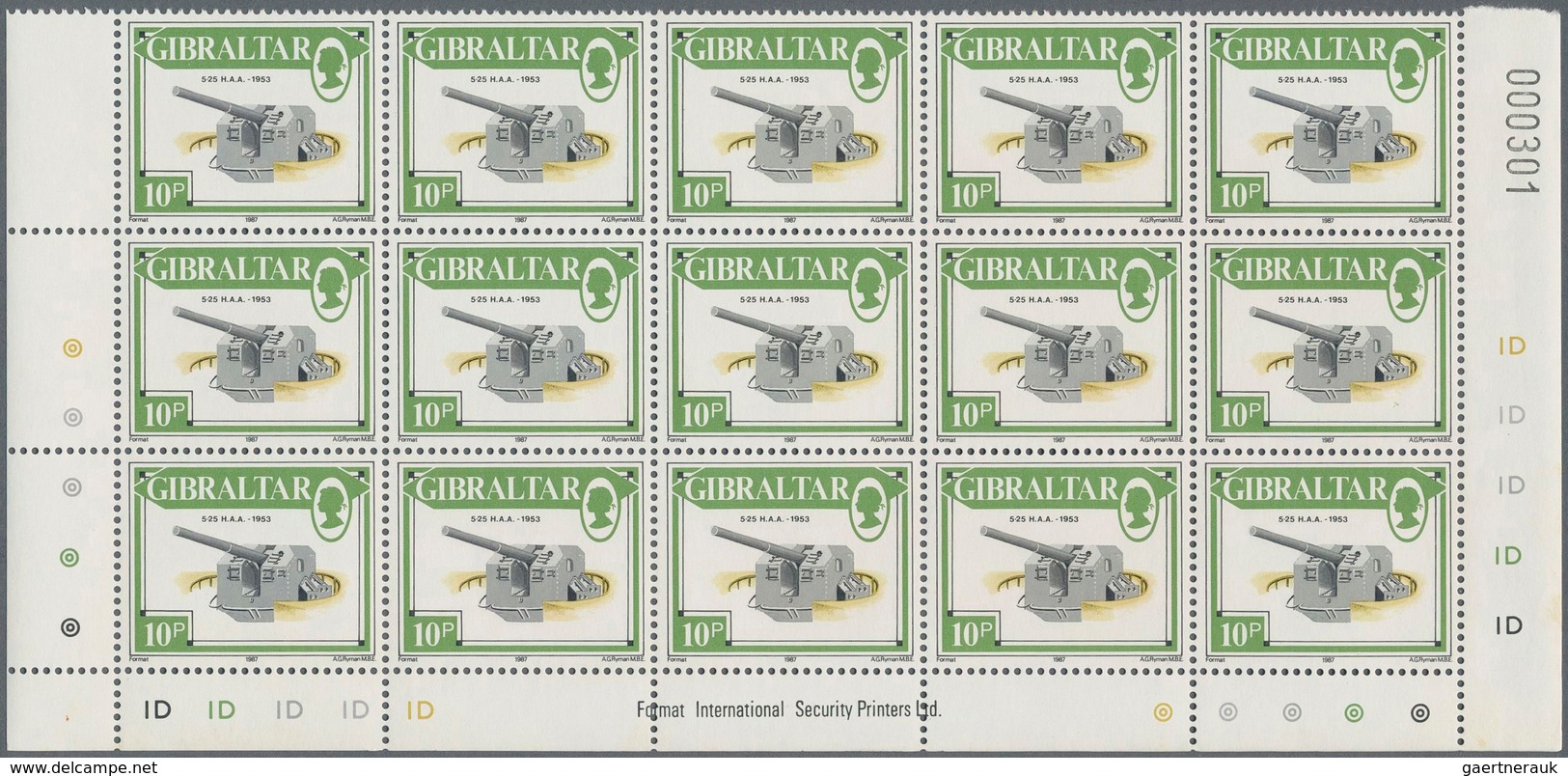 Gibraltar: 1987. Lot of 1,000 complete definitives set CANNONS (13 values). Mint, NH. (Michel 32,000