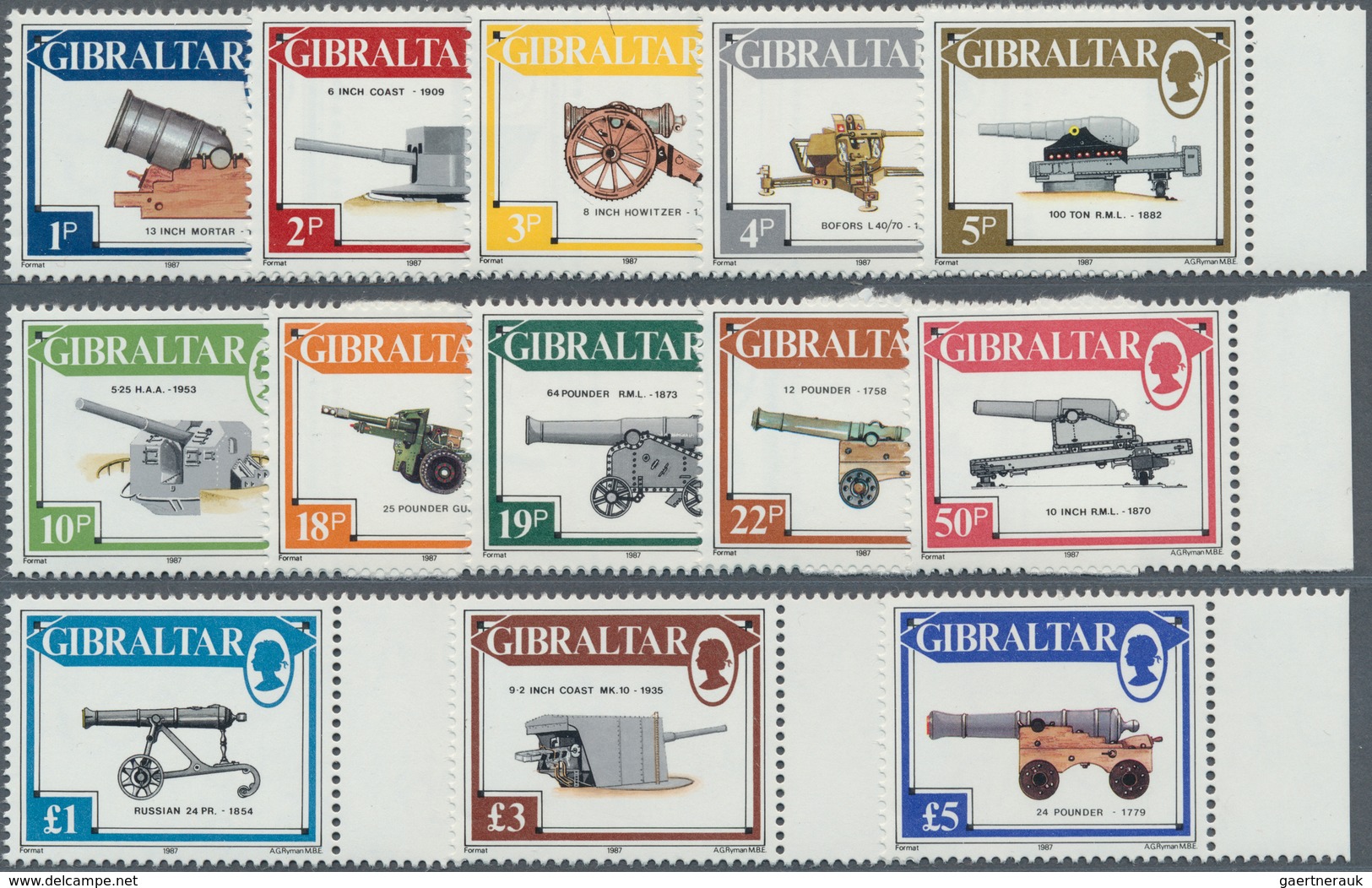 Gibraltar: 1987, Definitives 'Heavy Artillerie' Complete Set Of 13 From 1p. To £5 In A Lot With 25 S - Gibraltar