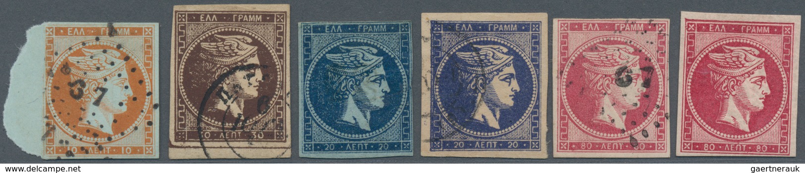 Griechenland: 1861/1876 (ca.), Large Hermes Heads, Lot Of Six Stamps (four Used And Two Mint Origina - Nuovi