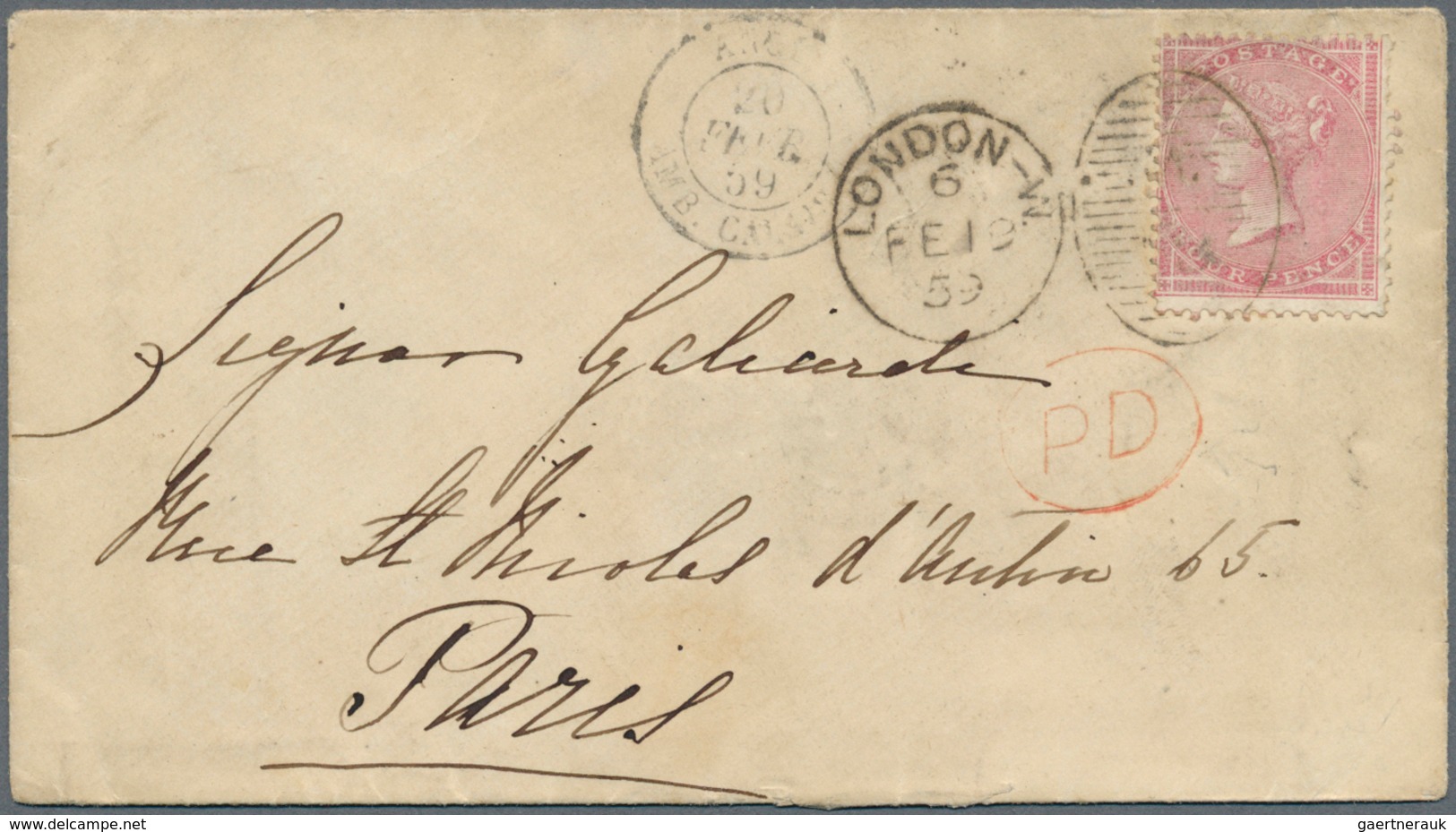 Großbritannien: 1851/1859, Group Of Four Covers To Foreign Destinations, Incl. Embossed Issue 6d. Sq - Sonstige & Ohne Zuordnung