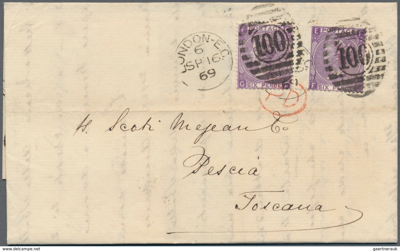 Großbritannien: 1861/1869, 6d. foreign rate franked by surface-printed issues, lot of 52 lettersheet