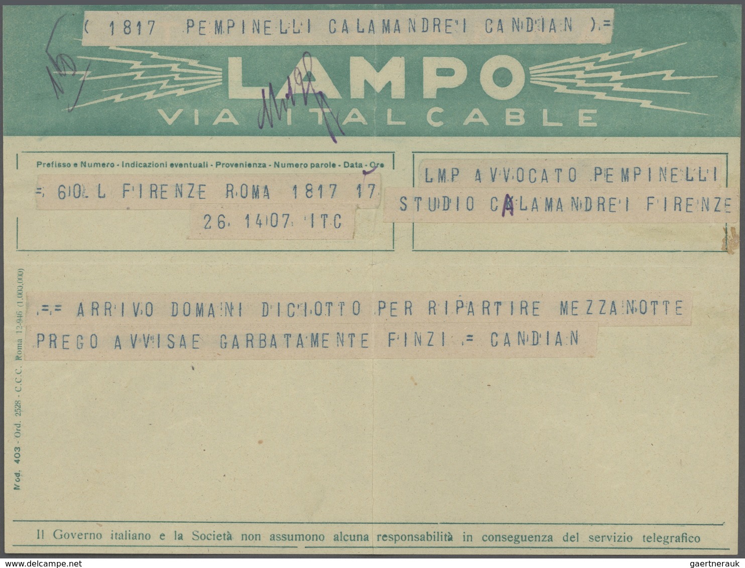 Italien: 1862/1980 (ca.), Telegrafie, Sammlung mit rund 40 Belegen, ab Formular für die Aufgabe eine