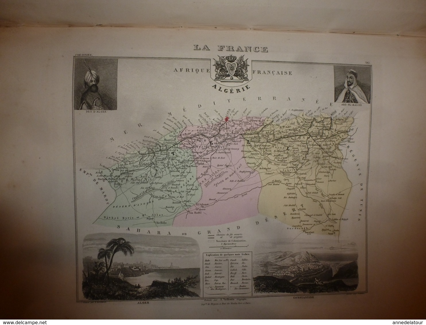 1880 ALGERIE  (Alger,Constantine,Oran,Bône,Sétif,Tlemcen,Bougie,Guelma,etc) Carte Géo-Descriptive: Edit Migeon,géograph