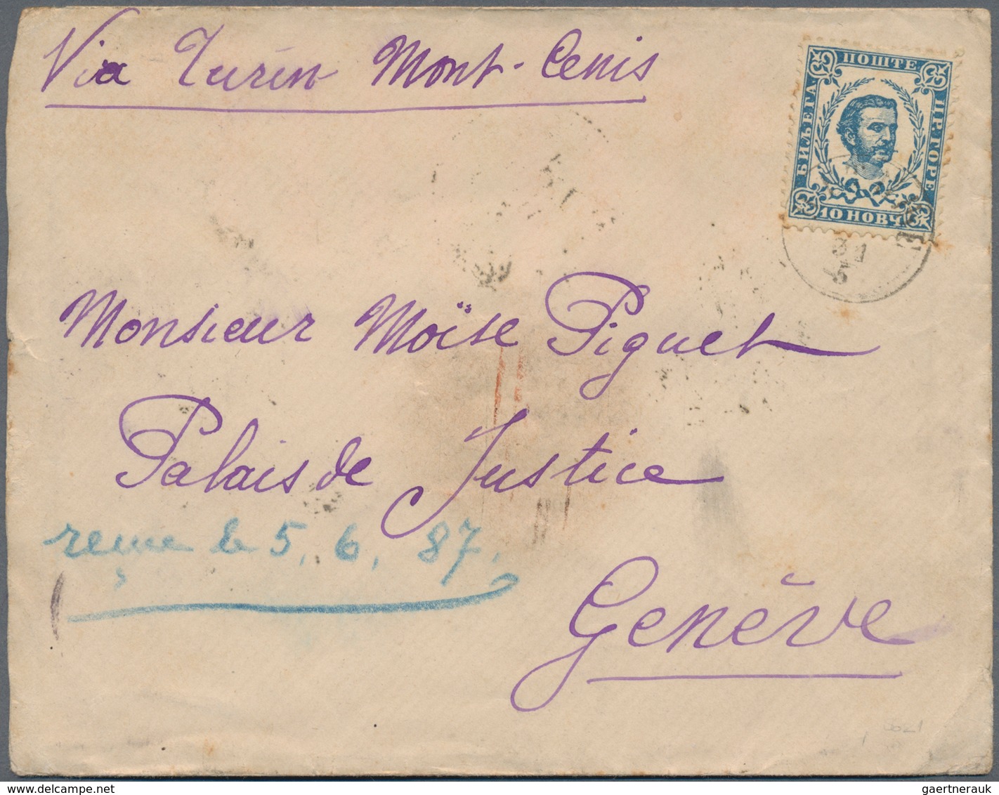 Montenegro: 1884/1893, Lot Of Six Entires: Five Covers Bearing Single Franking 10nkr. Blue To Geneve - Montenegro