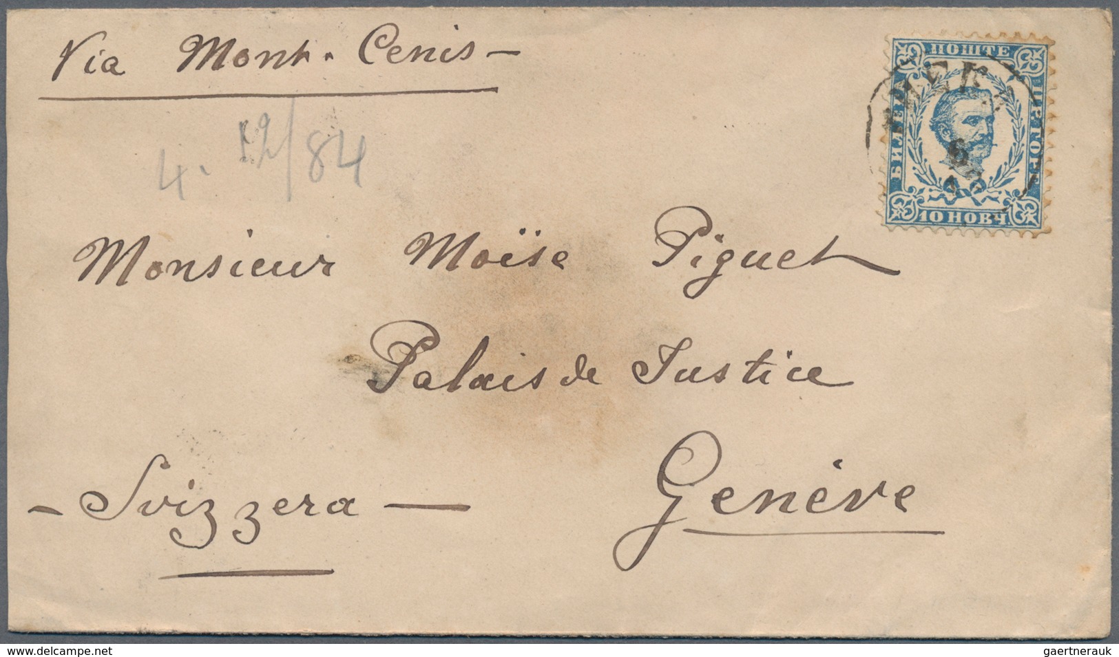 Montenegro: 1884/1893, Lot Of Six Entires: Five Covers Bearing Single Franking 10nkr. Blue To Geneve - Montenegro