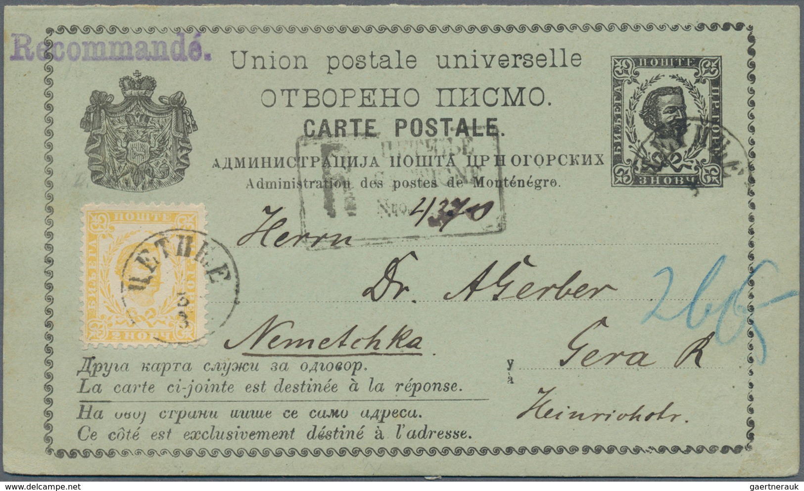 Montenegro: 1884/1893, Lot Of Six Entires: Five Covers Bearing Single Franking 10nkr. Blue To Geneve - Montenegro