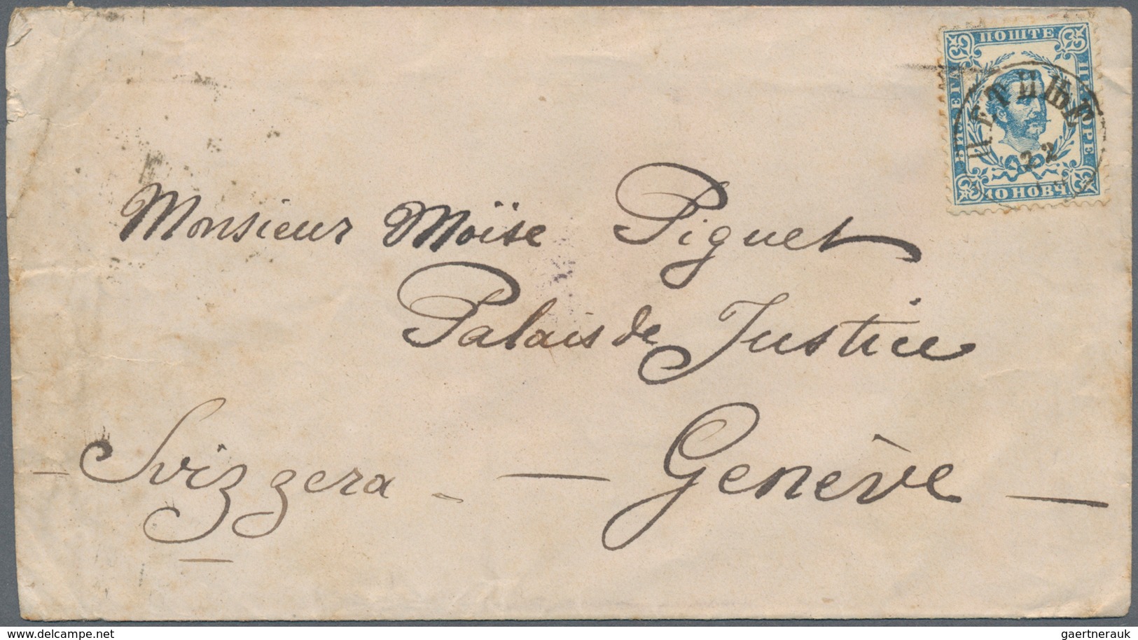 Montenegro: 1884/1893, Lot Of Six Entires: Five Covers Bearing Single Franking 10nkr. Blue To Geneve - Montenegro