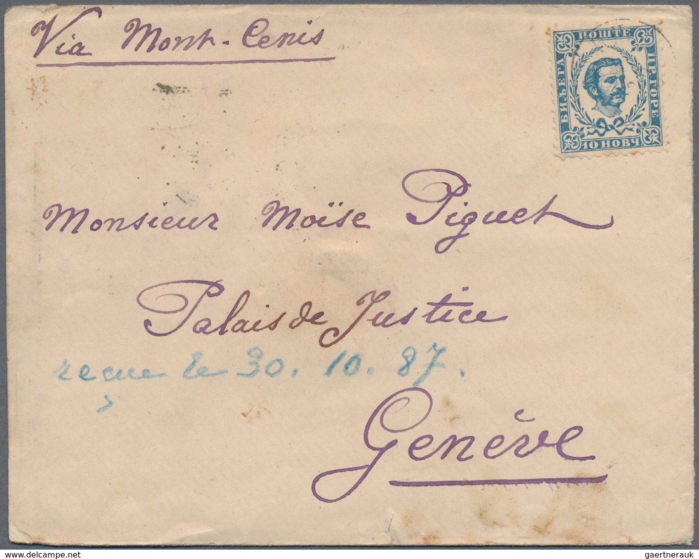 Montenegro: 1884/1893, Lot Of Six Entires: Five Covers Bearing Single Franking 10nkr. Blue To Geneve - Montenegro