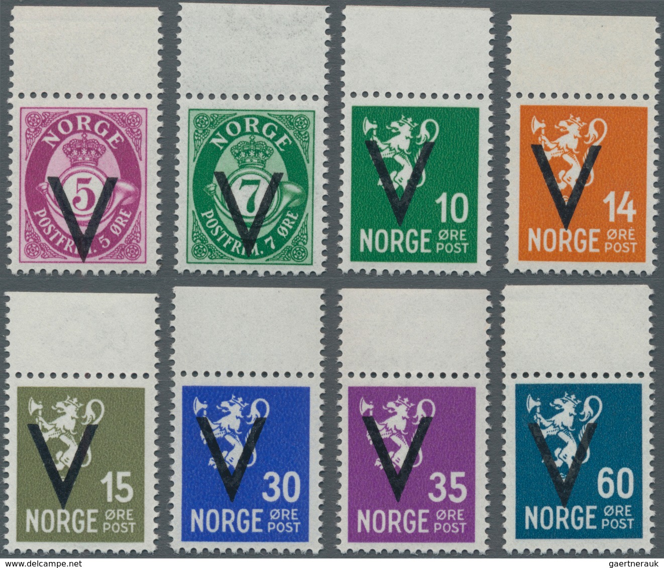 Norwegen: 1941, Definitives With Opt. 'V' (Victory Issue) WITH Watermark Eight Different Stamps (5ör - Briefe U. Dokumente