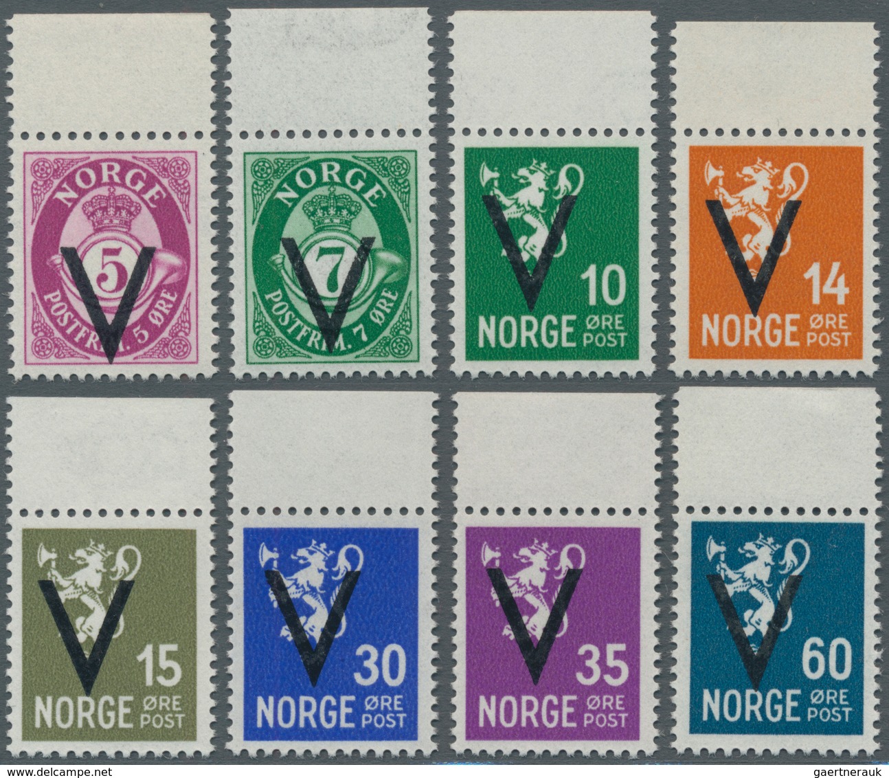 Norwegen: 1941, Definitives With Opt. 'V' (Victory Issue) WITH Watermark Eight Different Stamps (5ör - Briefe U. Dokumente