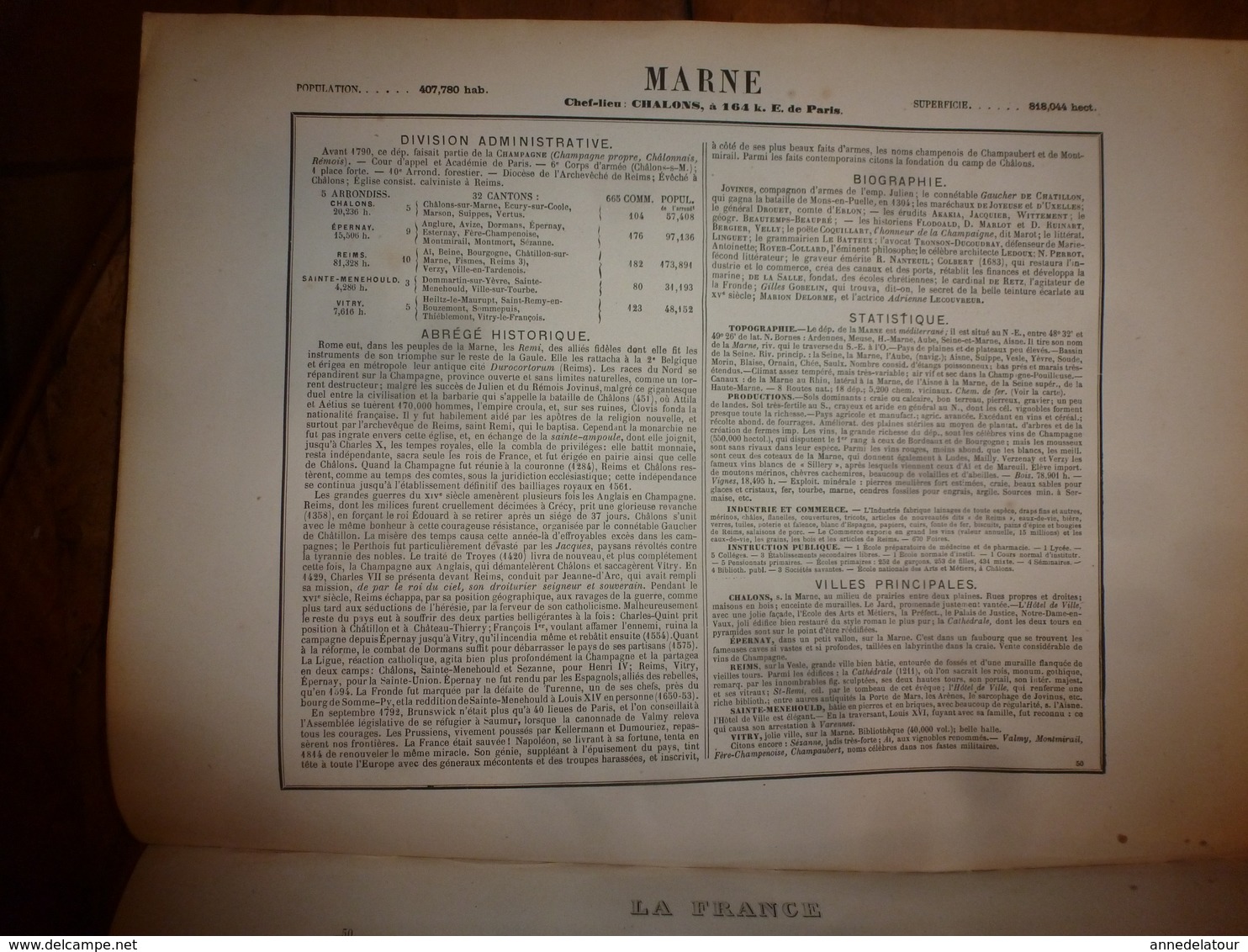 1880 MARNE (Chalons,Epernay,Reims,Vitry,Ste-Menehould,Vertus,AÏ,Beine,etc) Carte Géo-Descriptive: Edit Migeon,géographe