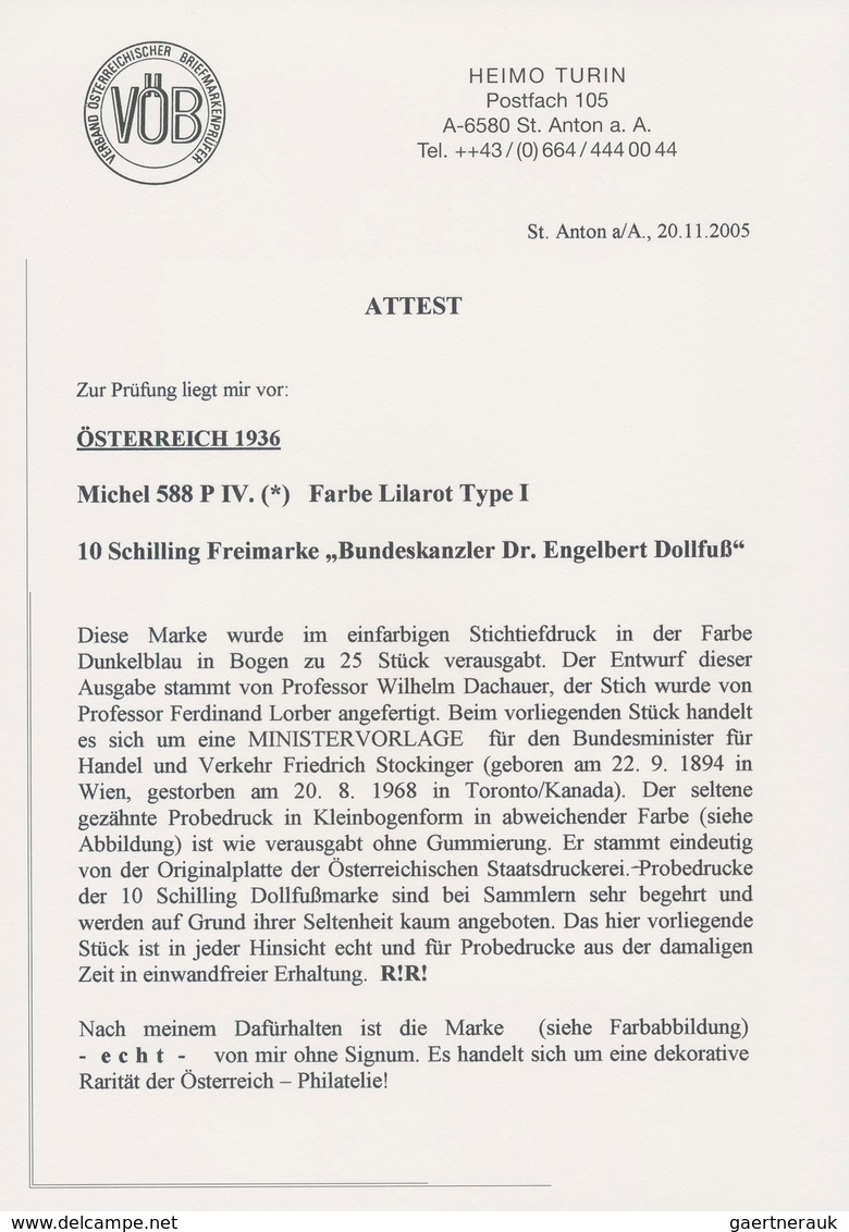 Österreich: 1936, DOLLFUß, Sehr Gehaltvolle Spezialsammlung Der PROBEDRUCKE Zur 10 Schilling Freimar - Sammlungen