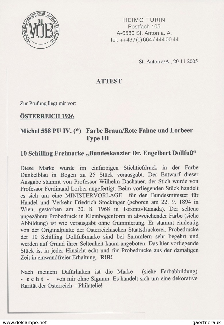 Österreich: 1936, DOLLFUß, Sehr Gehaltvolle Spezialsammlung Der PROBEDRUCKE Zur 10 Schilling Freimar - Sammlungen