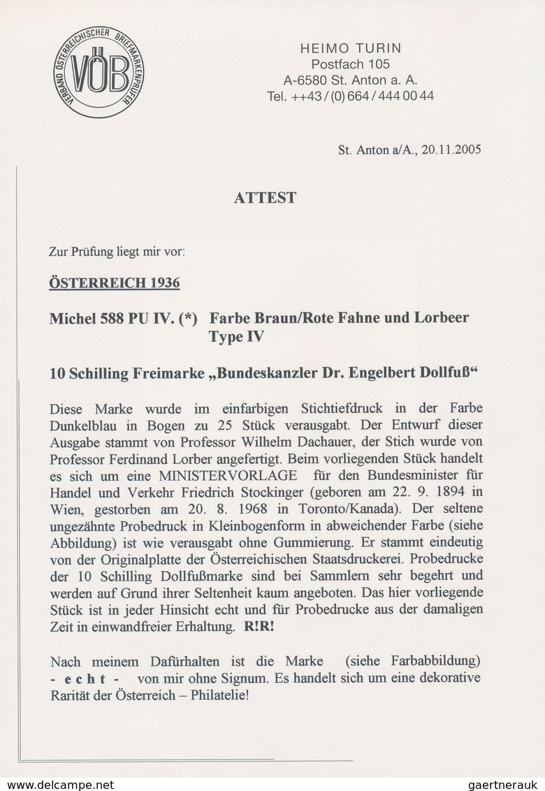 Österreich: 1936, DOLLFUß, sehr gehaltvolle Spezialsammlung der PROBEDRUCKE zur 10 Schilling Freimar