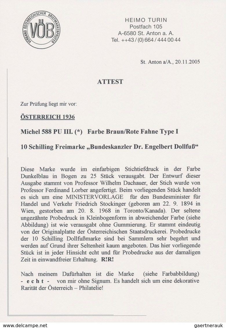 Österreich: 1936, DOLLFUß, sehr gehaltvolle Spezialsammlung der PROBEDRUCKE zur 10 Schilling Freimar