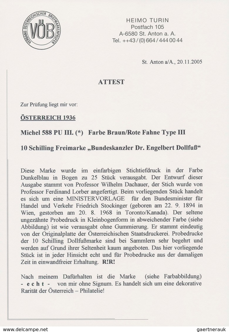 Österreich: 1936, DOLLFUß, sehr gehaltvolle Spezialsammlung der PROBEDRUCKE zur 10 Schilling Freimar