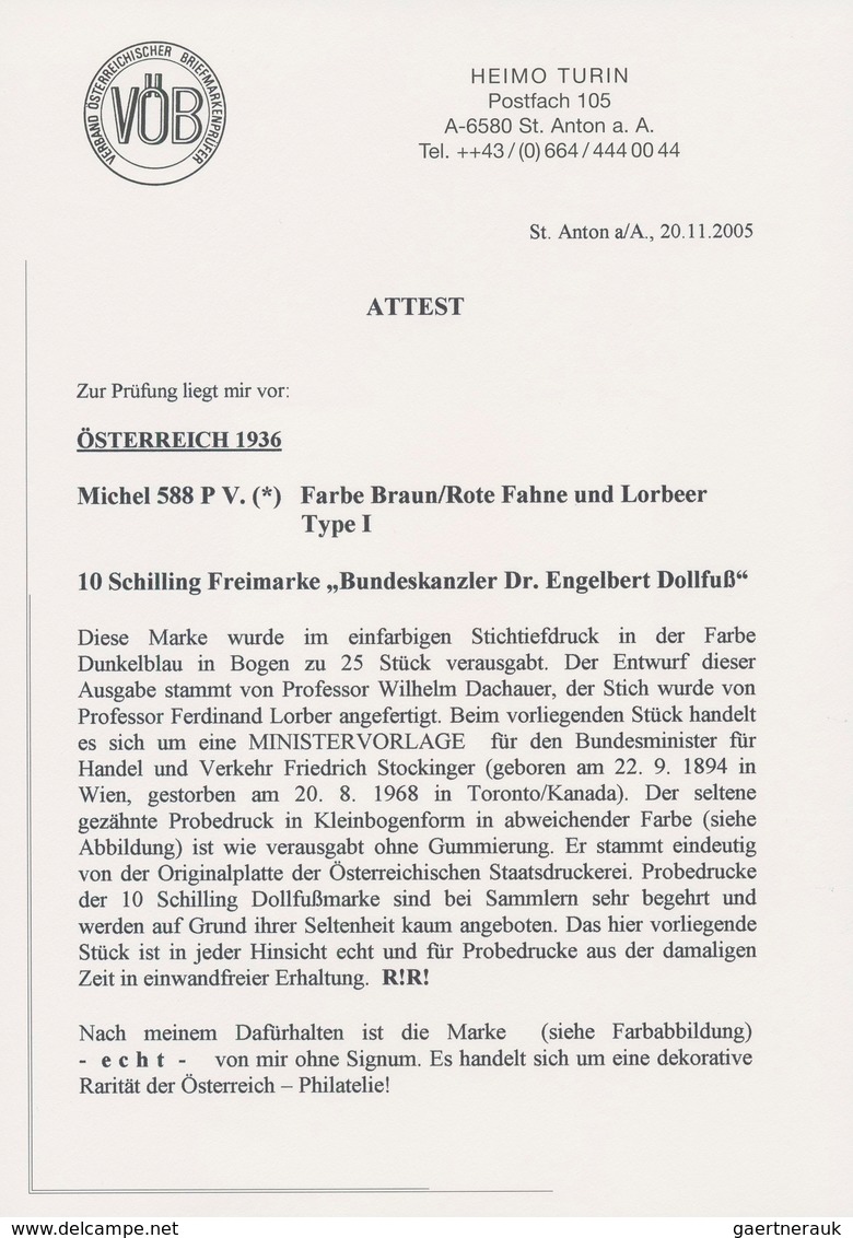 Österreich: 1936, DOLLFUß, sehr gehaltvolle Spezialsammlung der PROBEDRUCKE zur 10 Schilling Freimar