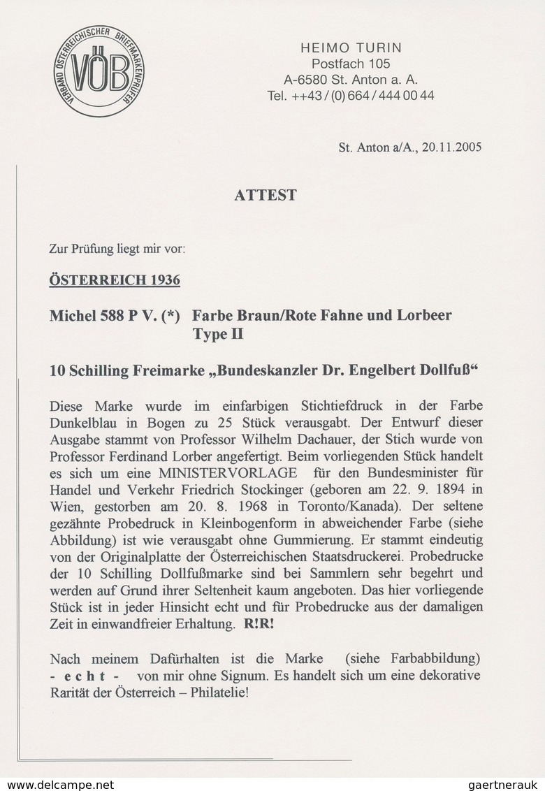 Österreich: 1936, DOLLFUß, sehr gehaltvolle Spezialsammlung der PROBEDRUCKE zur 10 Schilling Freimar