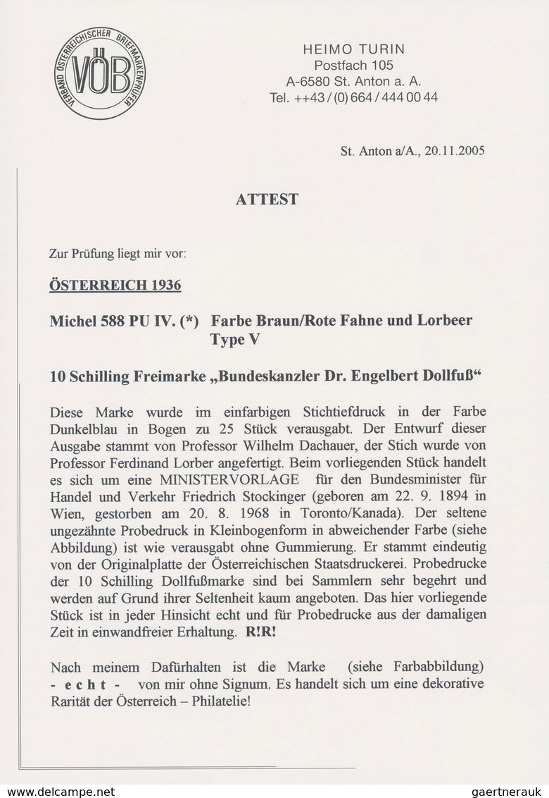 Österreich: 1936, DOLLFUß, sehr gehaltvolle Spezialsammlung der PROBEDRUCKE zur 10 Schilling Freimar