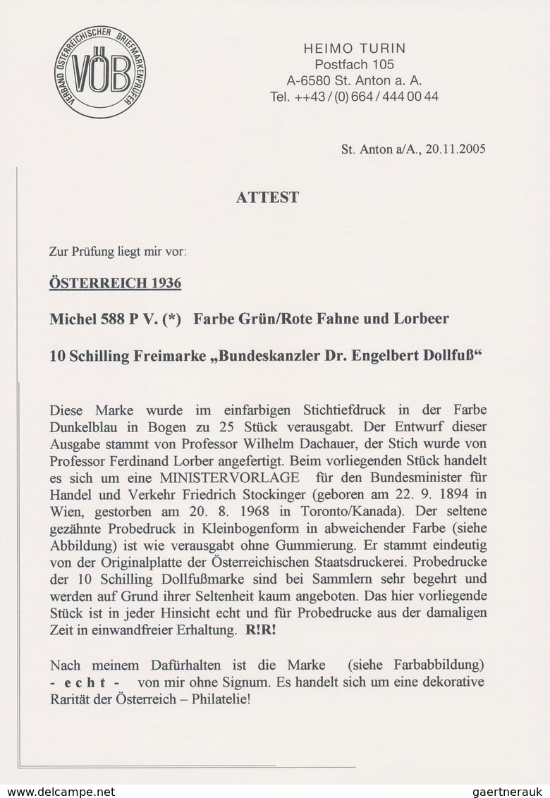 Österreich: 1936, DOLLFUß, sehr gehaltvolle Spezialsammlung der PROBEDRUCKE zur 10 Schilling Freimar