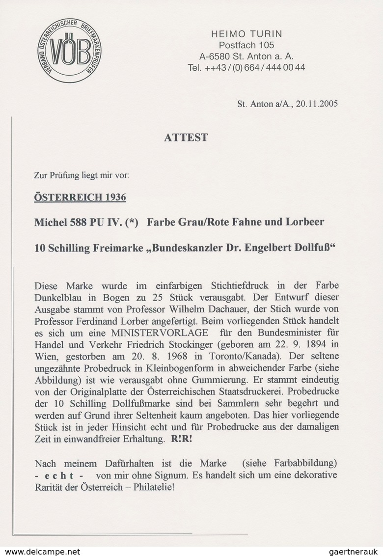 Österreich: 1936, DOLLFUß, sehr gehaltvolle Spezialsammlung der PROBEDRUCKE zur 10 Schilling Freimar