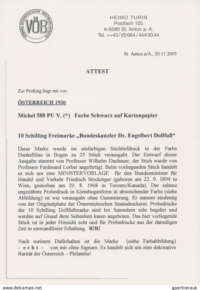 Österreich: 1936, DOLLFUß, sehr gehaltvolle Spezialsammlung der PROBEDRUCKE zur 10 Schilling Freimar