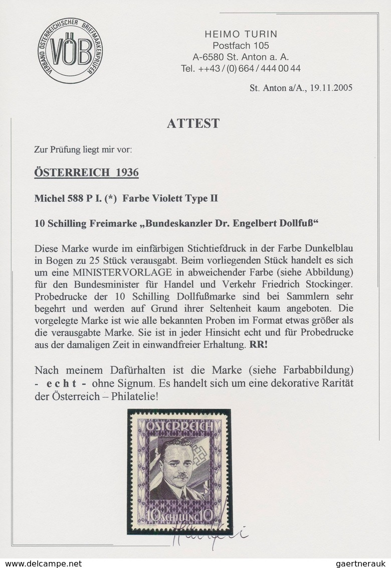 Österreich: 1936, DOLLFUß, sehr gehaltvolle Spezialsammlung der PROBEDRUCKE zur 10 Schilling Freimar