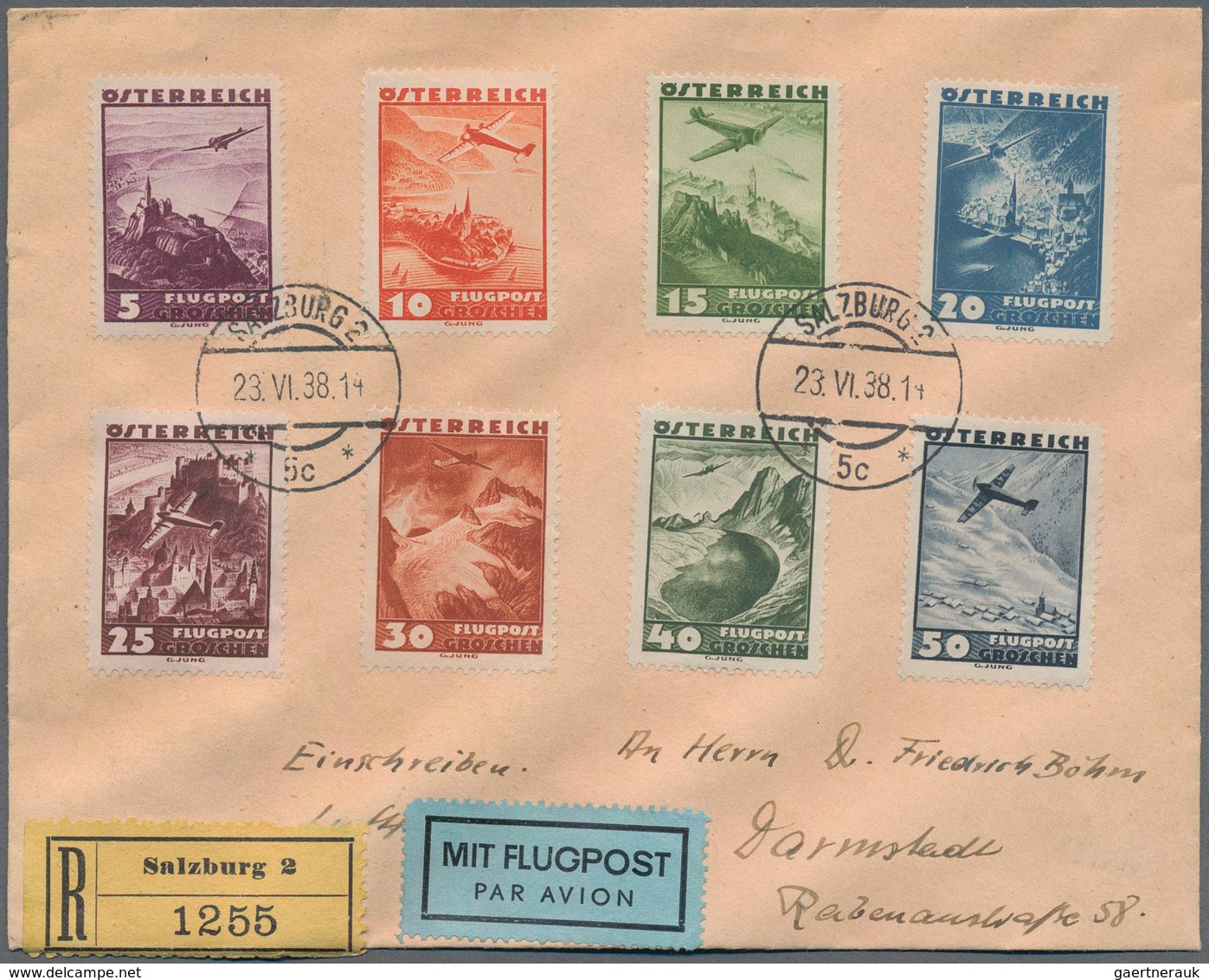 Österreich - Flugpost: 1938, Acht bessere Briefe mit u.a. Satzfrankaturen der Luftpost-Ausgaben 1928