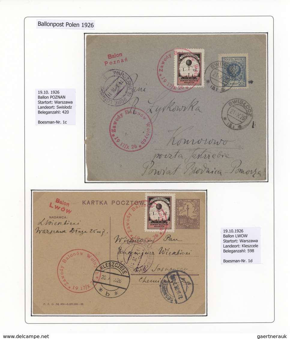 Polen: 1926/1939, BALLOON MAIL, Specialised Collection Of 56 Balloon Covers/cards, Neatly Arranged O - Cartas & Documentos