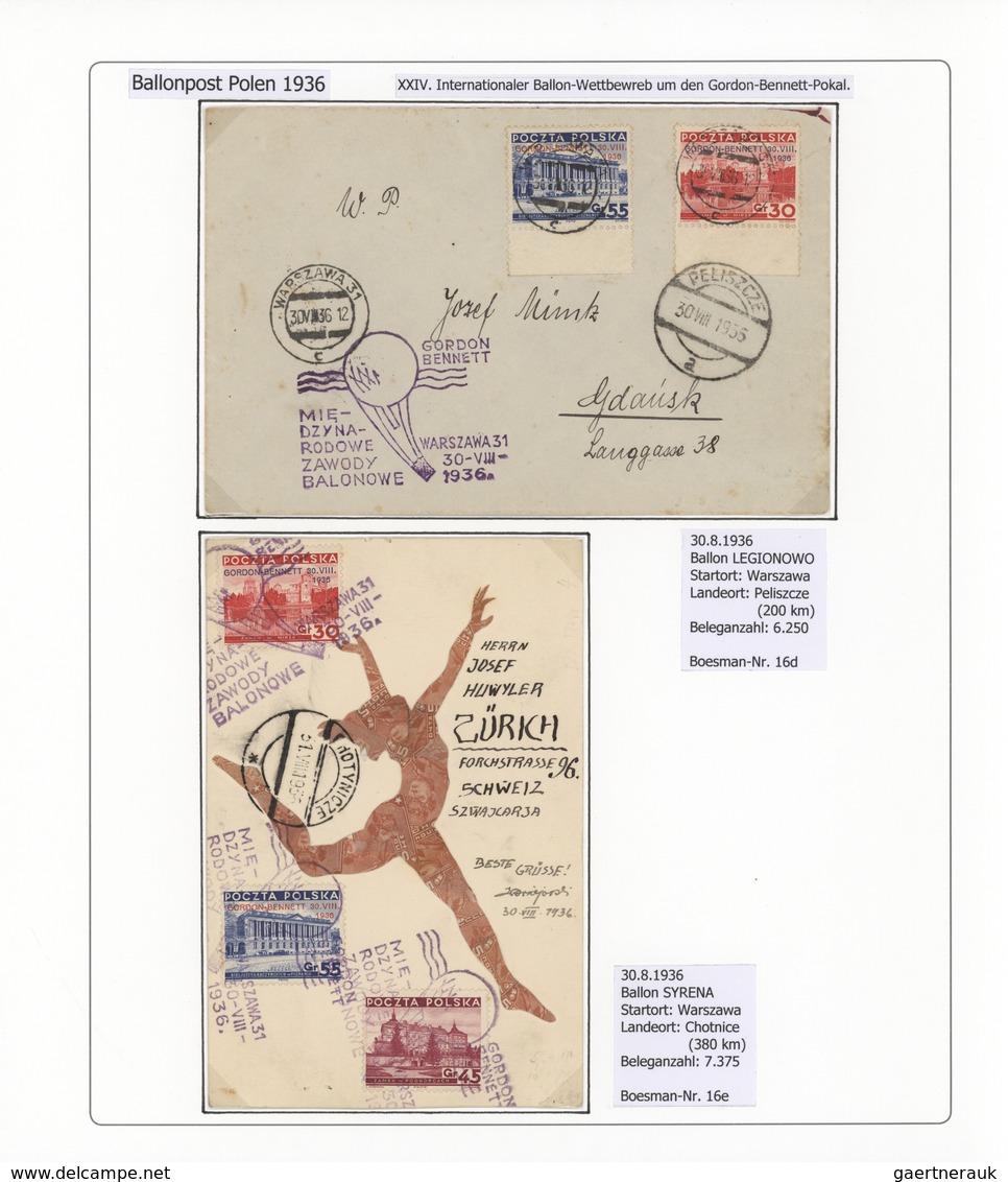 Polen: 1926/1939, BALLOON MAIL, Specialised Collection Of 56 Balloon Covers/cards, Neatly Arranged O - Briefe U. Dokumente