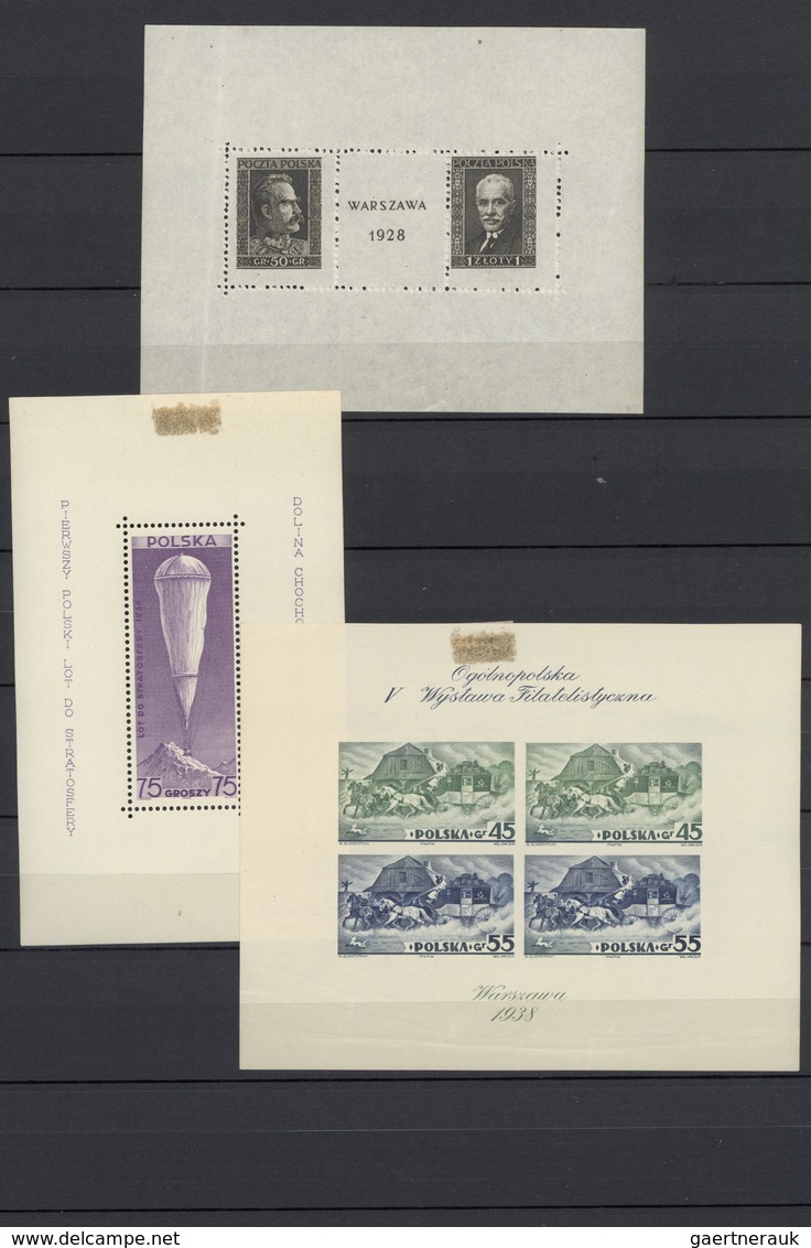 Polen: 1928/1938, Lot Of Seven Souvenir Sheets, Varied Condition, Incl. 1928 Stamp Exhibition, 1938 - Briefe U. Dokumente