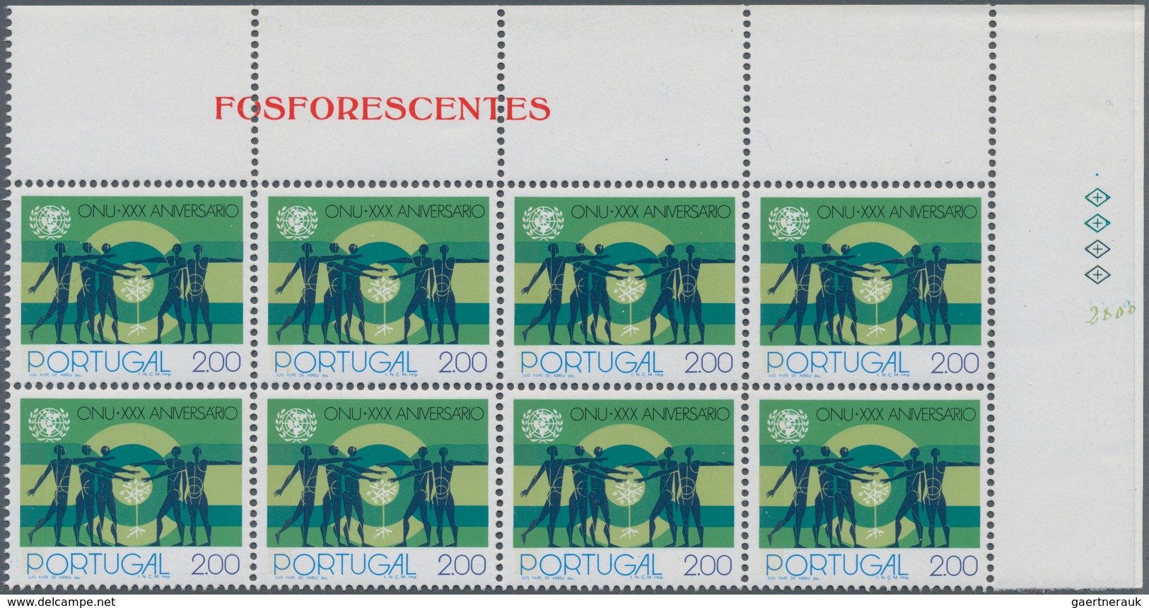 Portugal: 1975, 30 Years Of United Nations (UN) 2.00esc. With PHOSPHOR Strip In A Lot With About 500 - Other & Unclassified