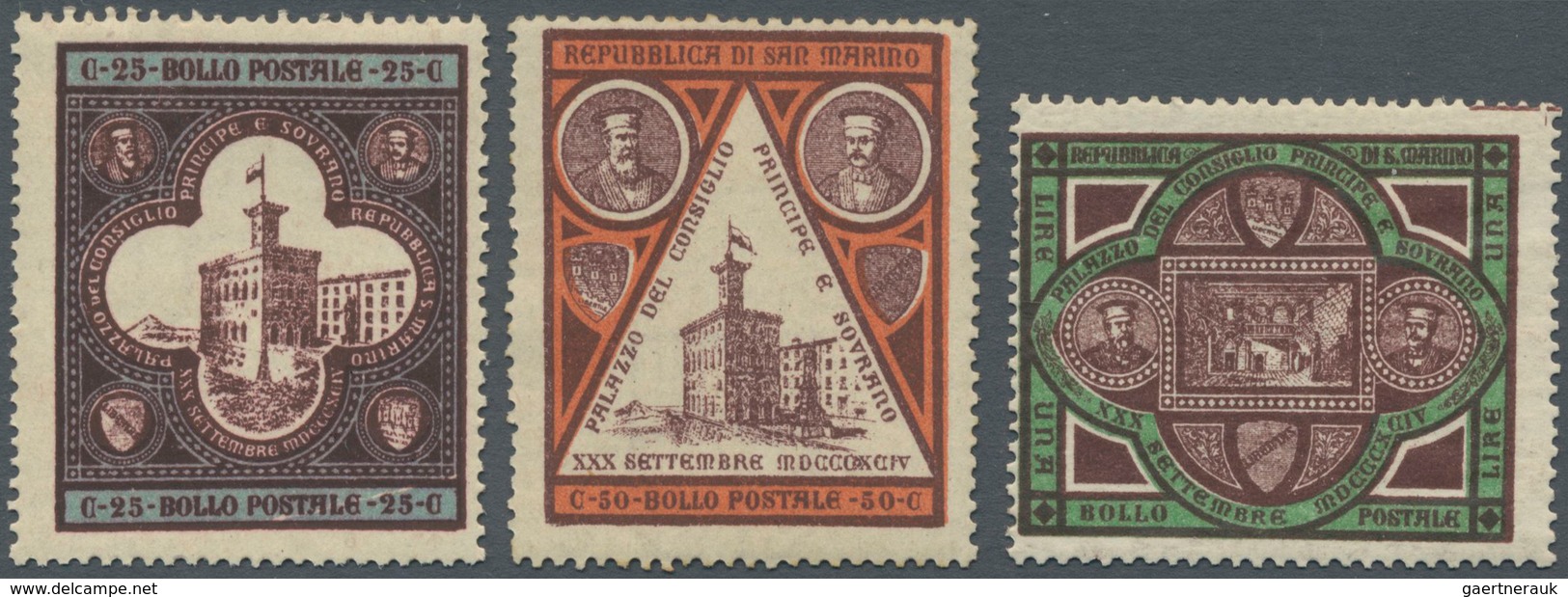 San Marino: 1894, New Government Building Complete Set Of Three In A Lot With 34 Sets, Unused With O - Oblitérés