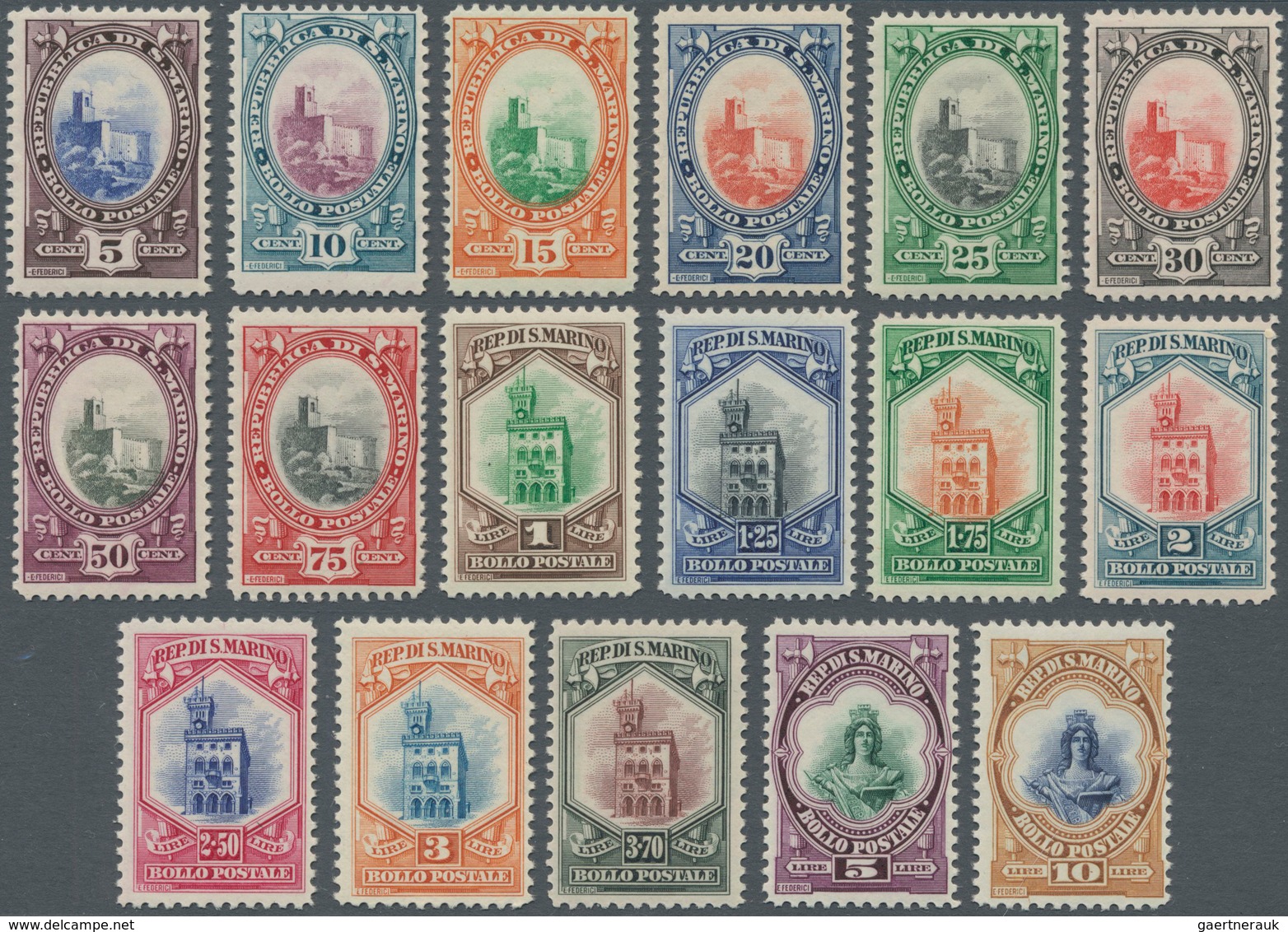 San Marino: 1929/1935, Definitive Issue Complete But Part Set Of 17 From 5c. To 10l. In A Lot With 4 - Gebraucht