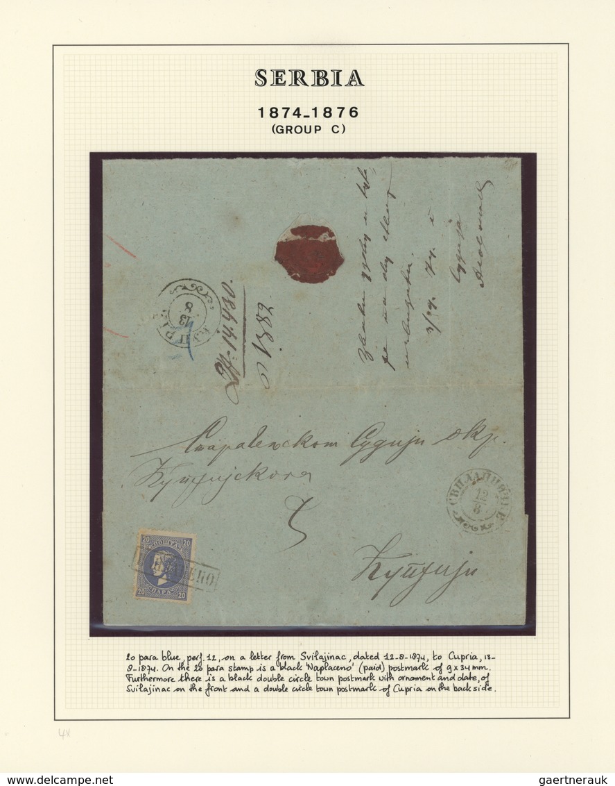 Serbien: 1874/1876, Milan IV., Group Of Five Lettersheets Bearing Each Single Franking 20pa. Blue, T - Serbien