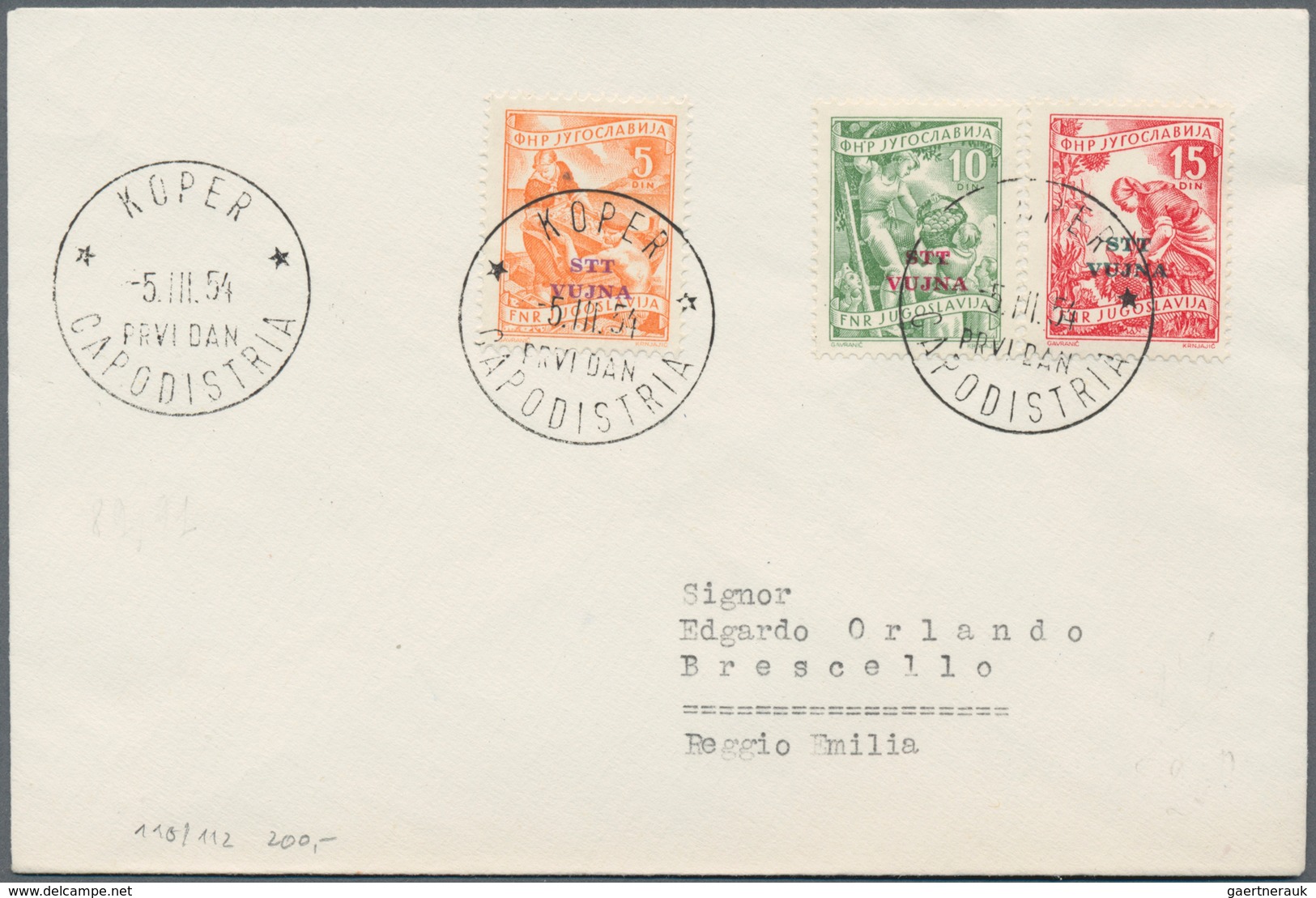 Triest - Zone B: 1954, 5 First Day Covers Ex Michel-No. 110/138, Four Of Them Postally Used Includin - Used