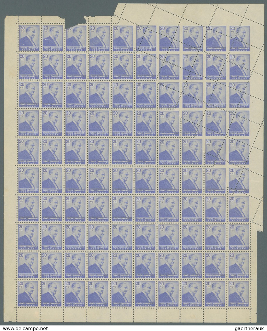 Türkei: 1955, 20 K. Atatürk, Orignalbogen Zu 100 Werten, Bedingt Durch Diagonalen Bogenumschlag Ca. - Used Stamps