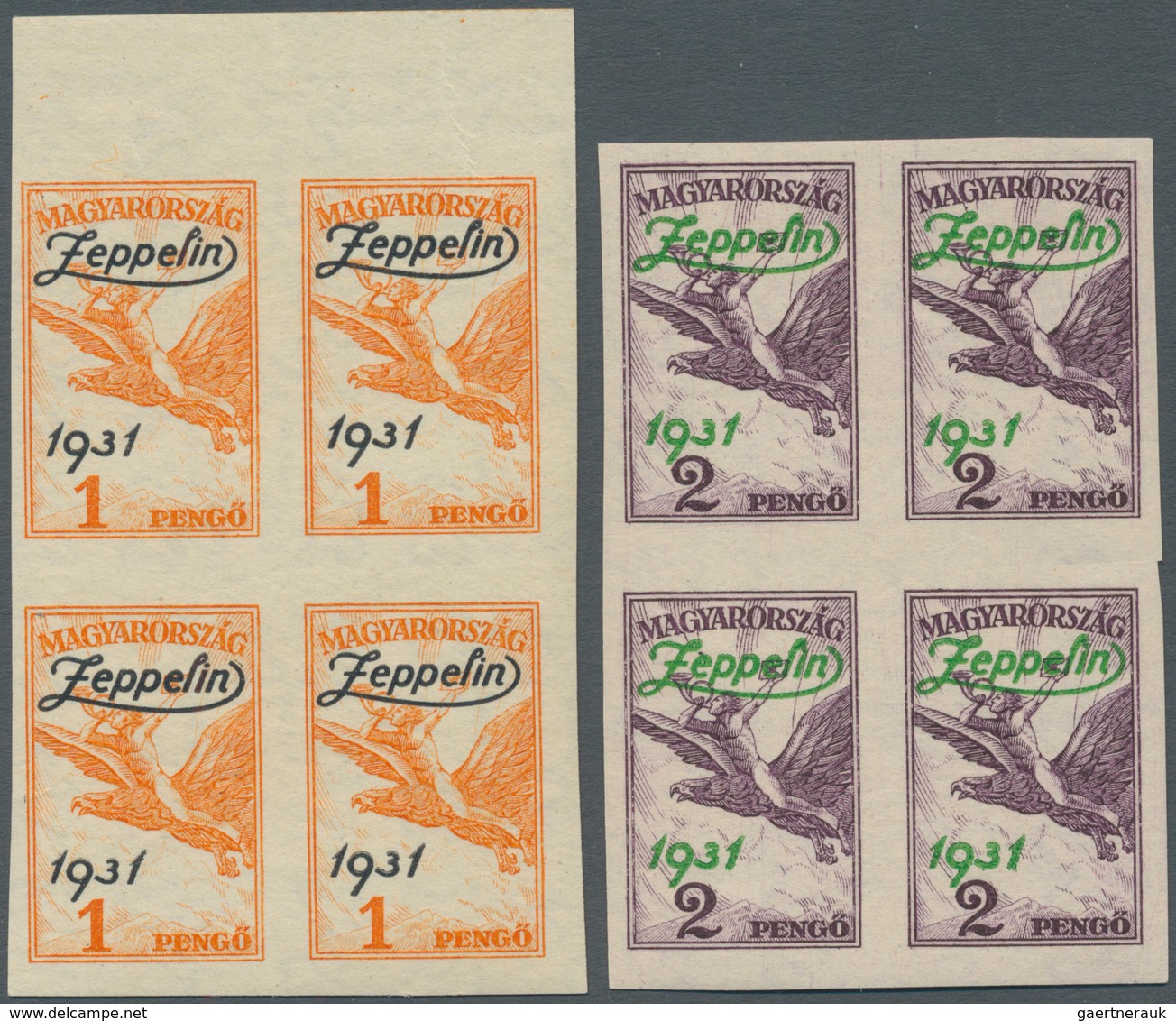 Ungarn: 1931. Complete ZEPPELIN Issue (2 Values) In IMPERFORATE Blocks Of 4 (1p With Top Margin). Al - Briefe U. Dokumente