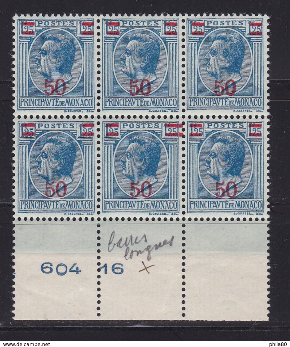 Monaco N°108c** (variété Traits De Droite Plus Longs) Dans Bloc De 6 - Unused Stamps