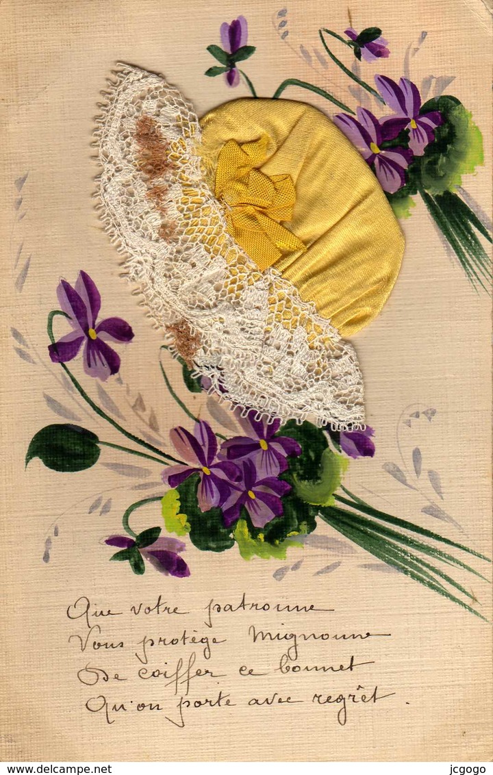 Carte Brodée - Ste Catherine - Bonnet, Tissus, Dentelle. - Saint-Catherine's Day