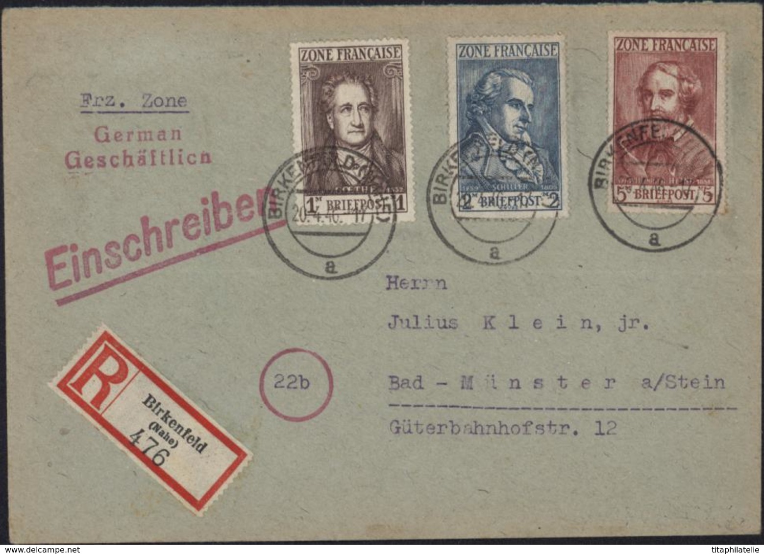 Allemagne Occupation YT Zone Française 11 à 13 Goethe Schiller Heinrich Heine Recommandé Birkenfeld Nahe CAD 20 4 46 - Autres & Non Classés