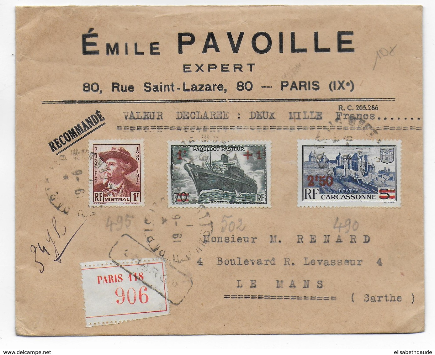 1941 - ENVELOPPE CHARGEE De PARIS => LE MANS - MISTRAL + PAQUEBOT PASTEUR + CARCASSONNE SURCHARGE - 1921-1960: Modern Period