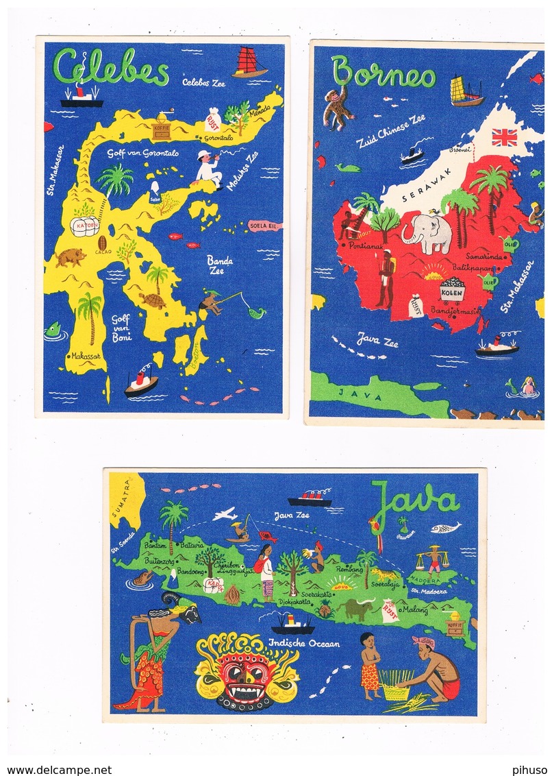 ASIA-1427   Complete Serie Of 6 MAPpostcards Of Indonesian Islands - Indonésie