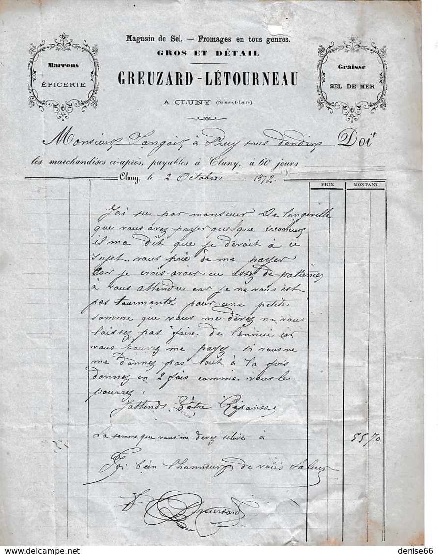 1872 - CLUNY - Magasin De SEL - FROMAGES En Tous Genres - GREUZARD -LETOURNEAU - 1800 – 1899