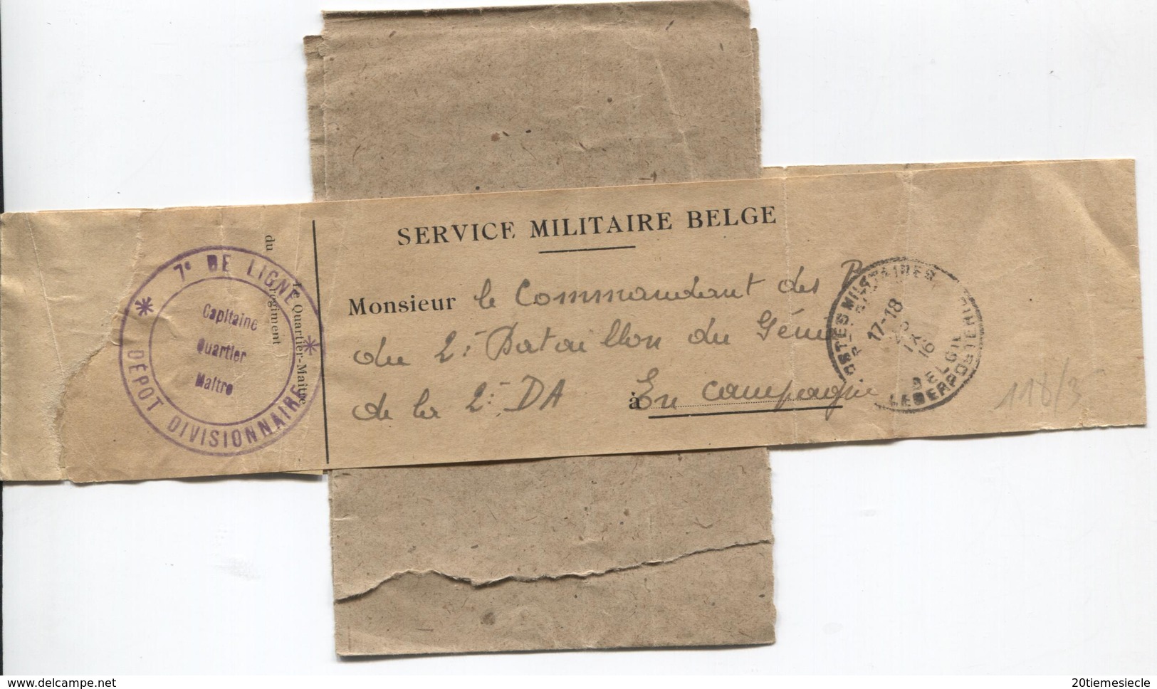 AP1553/ Manchon Imprimé Service Militaire Belge 7° De Ligne C.PMB-BLP 1916 V.Militaire Bataillon Génie 2° DA - Belgische Armee
