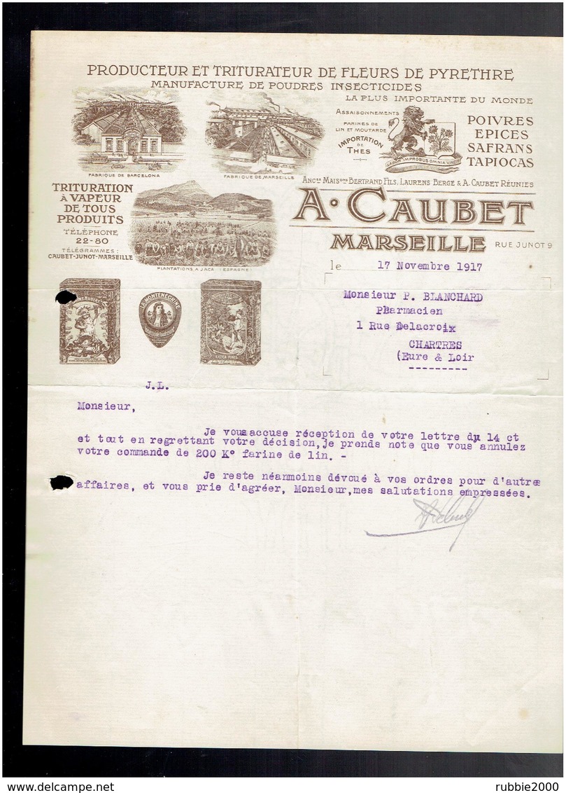 FACTURE 1917 MANUFACTURE DE POUDRES INSECTICIDES CAUBET 9 RUE JUNOT A MARSEILLE PLANTATION A JACA ESPAGNE - Droguerie & Parfumerie