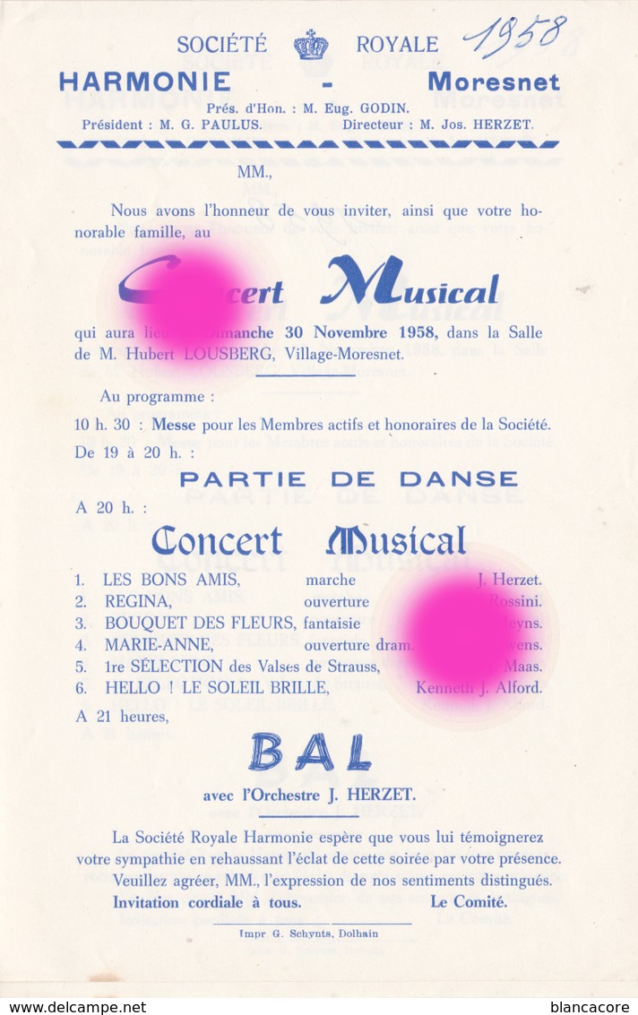 MORESNET ( Plombières ) SOCIETE ROYALE  HARMONIE 1958 - Programs