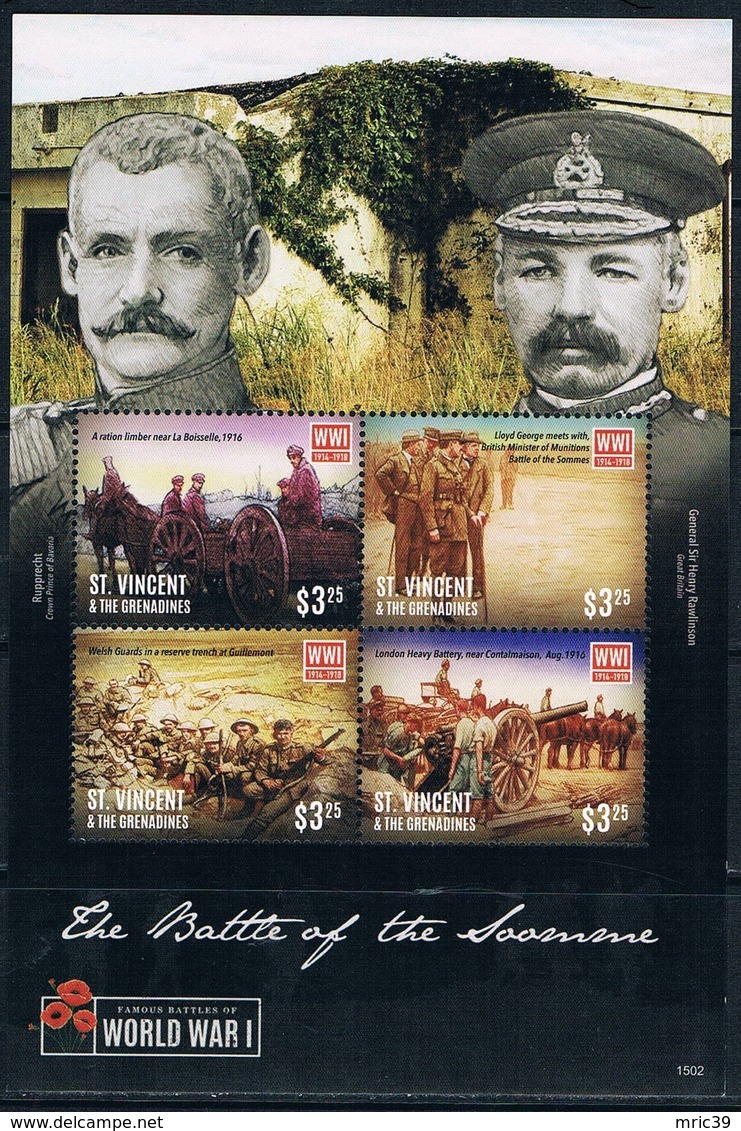 Bloc Sheet 1ere Guerre Mondiale World War 1 Somme  MNH  Neuf **  St Vincent & The Grenadines 2015 - St.Vincent E Grenadine