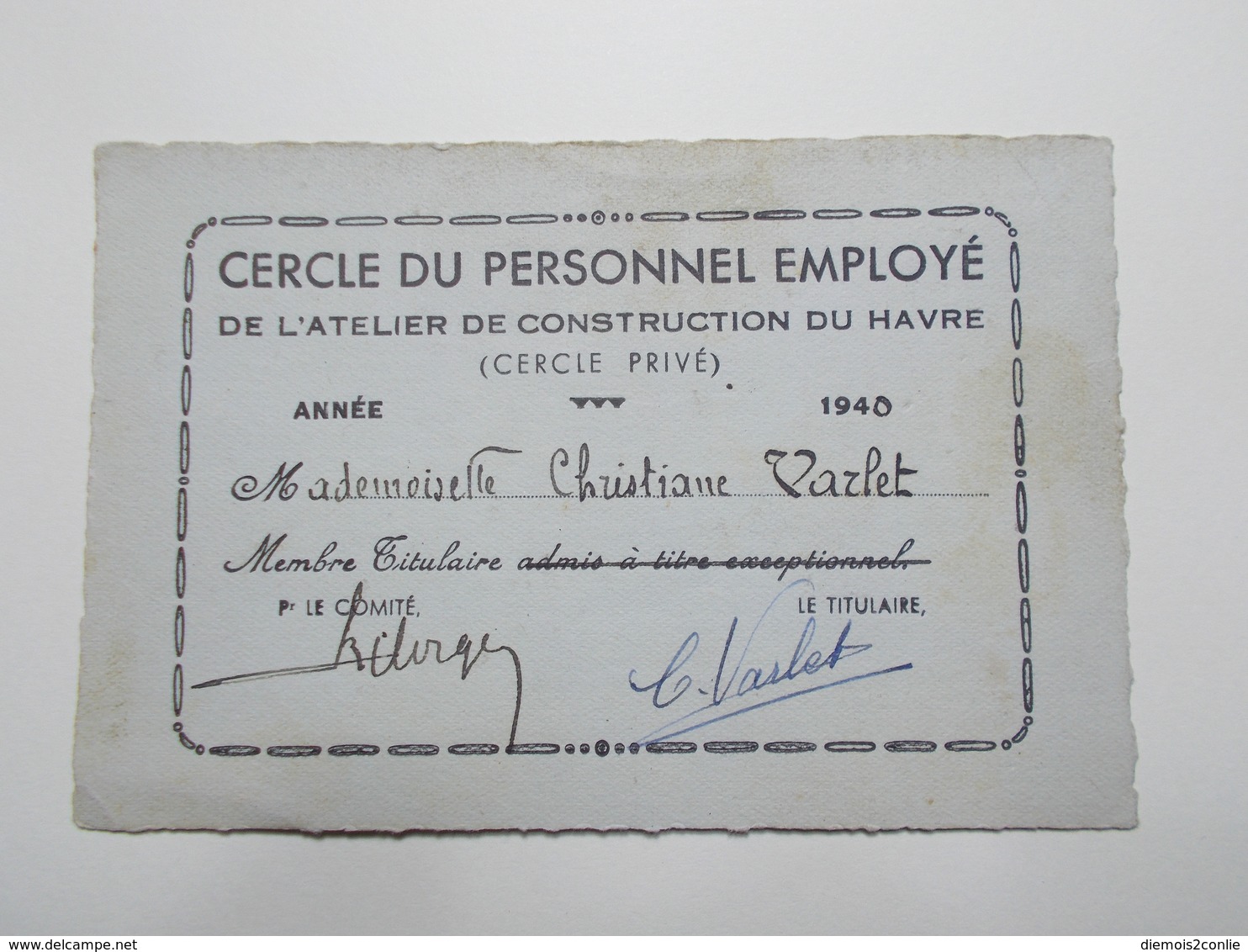 Document Carte Membre Titulaire Atelier Construction Du HAVRE 1940 (3/4) - Non Classés