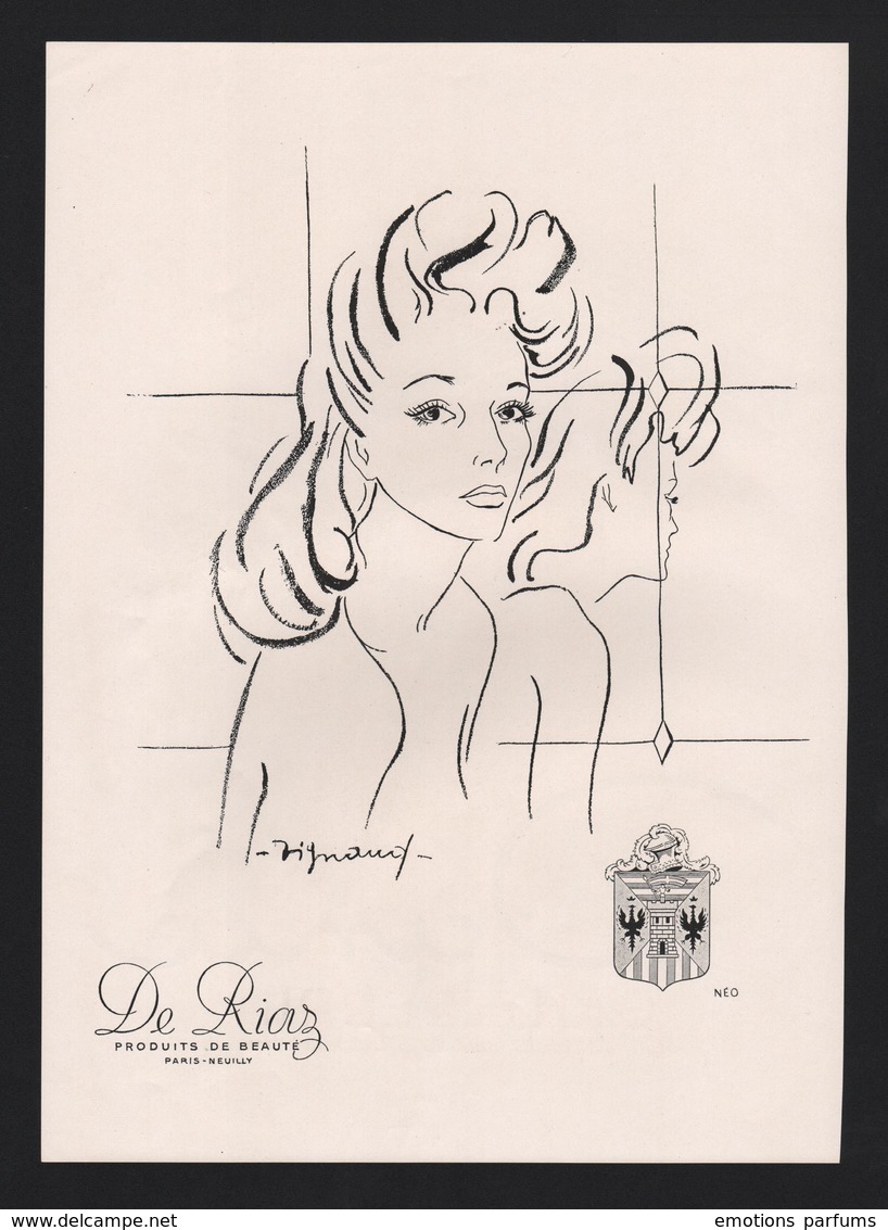 Pub 1945 Produit De Beauté Cosmétique DE RIAZ Dessin Femme  Vignaud Dos Parfum Dana Place Vendome Rue De La Paix - Publicités